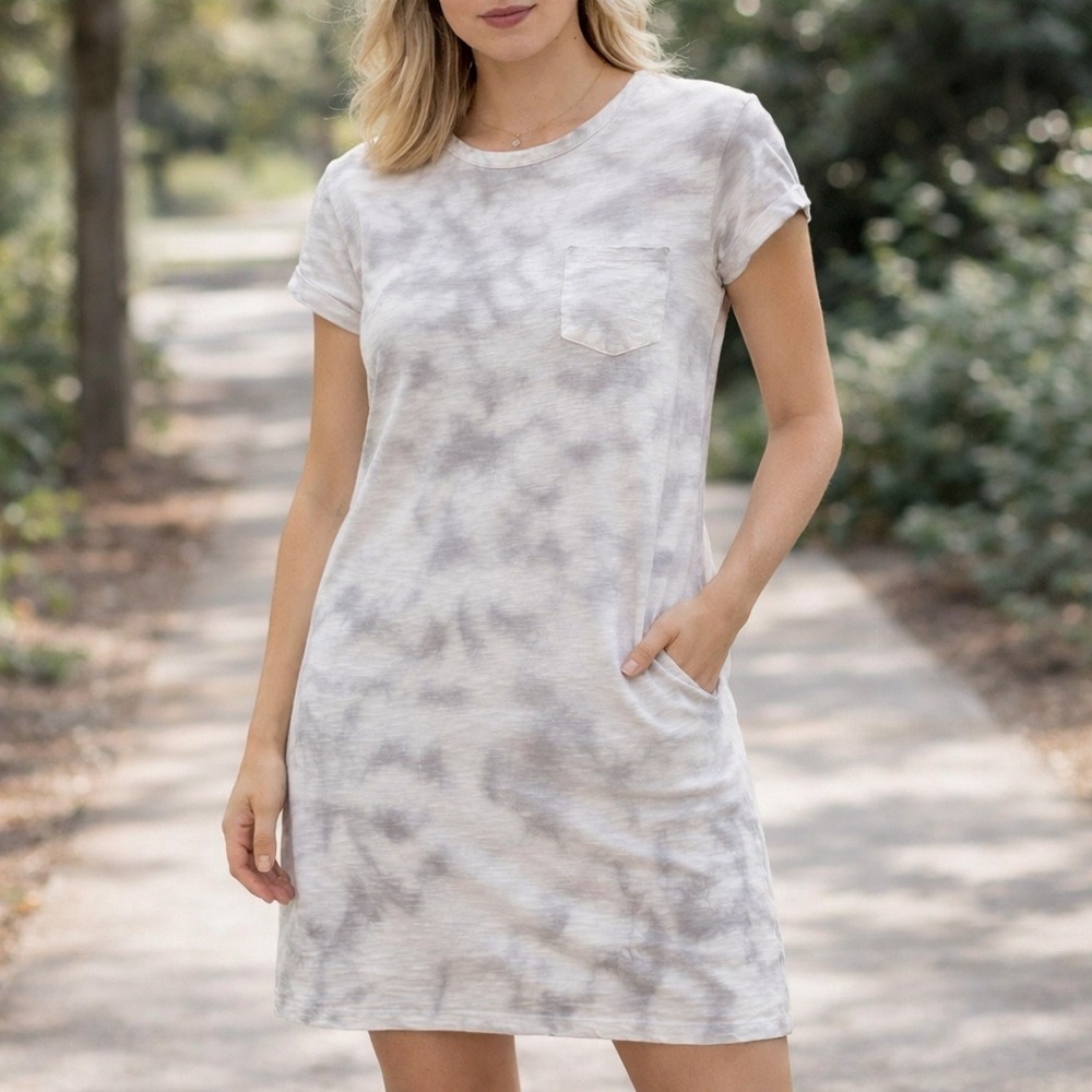 Gap Womens Tie Dye T-Shirt Dress Grey White Cotton Pocket Mini Shift Size M